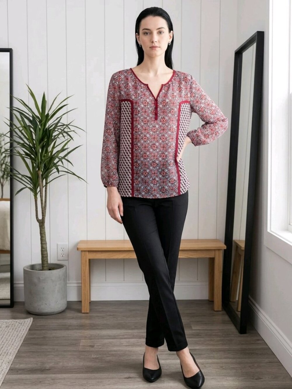 Zac & Rachel Red, White‎ and Black Long Sleeve Peasant Blouse with Split V Neck